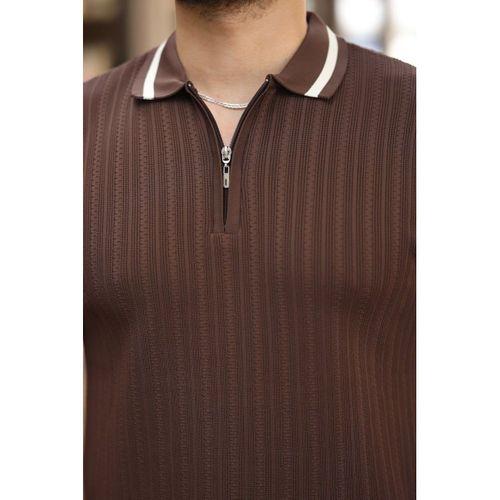 Erkek Yaka Ve Kolları çizgi Detaylı Fermuarlı Kısa Kollu T-shirt