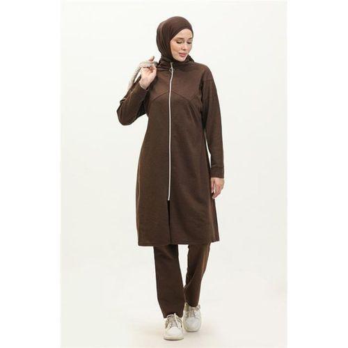 Göğüsten Detaylı Fermuarlı Sade Basic Eşofman Spor İkili Takım - 03063.028 - Kahverengi