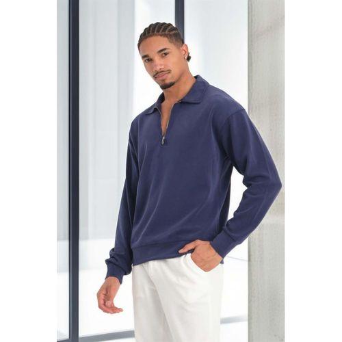 Scuba Modal Kumaş Relaxed Fit Yarım Fermuarlı Polo Yaka Erkek Sweatshirt - Lacivert