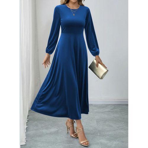 Kadın Uzun Kollu Bisiklet Yaka Midi Kadife Mavi Elbise