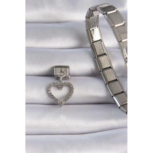 pilelistore 316L Çelik Gümüş Renk Zirkon Taşlı Sallanılı Kalp Figür Nomination Charm - TJ-BC1043