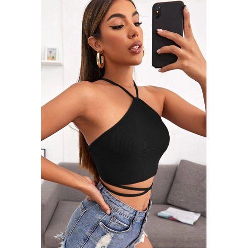 Kadın Siyah Sırtı Açık Boyundan Çapraz Bağlamalı Crop Top Bluz