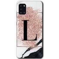 Samsung Galaxy A31 HD Baskılı Kılıf + 9D Tam Ekran Koruyucu - Pembe Mermer Desenli L Harfi