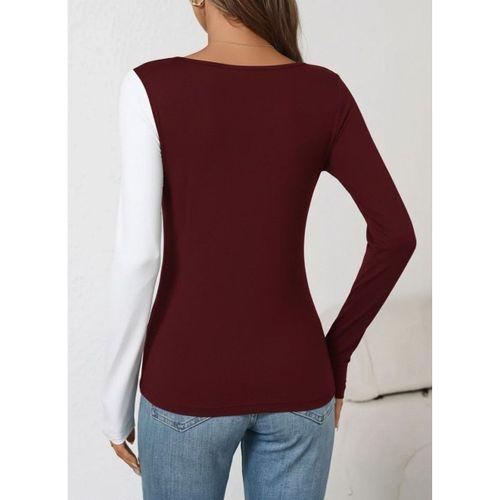 Kadın Uzun Kollu Geometrik Yaka Detaylı çift Renkli Viskon Bluz