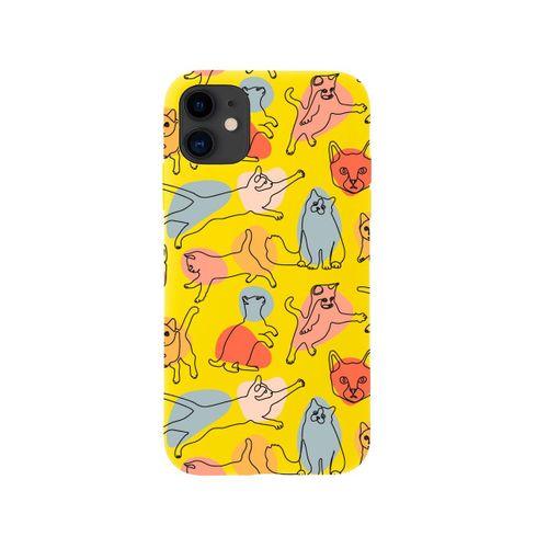 iPhone 12 Sevimli Kedi Figürleri Premium Sarı Lansman Silikonlu Kılıf