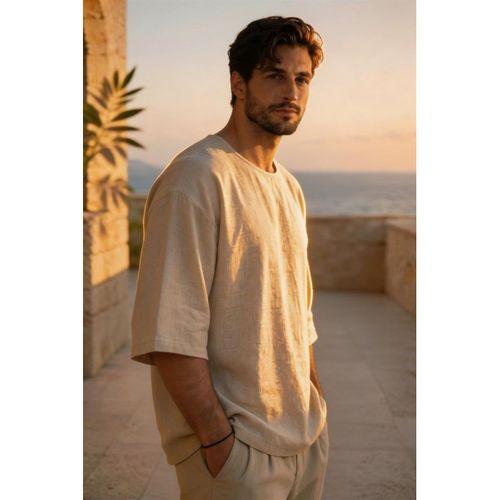 Castiel Bisiklet Yaka Fakir Kol Oversize Kısa Kol T-shirt - Bej