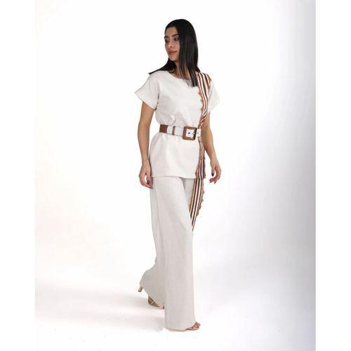 Trend Kadın Krem Keten Dokulu Bol Paça Pantolon ve Kısa Kollu Bluz Takımı