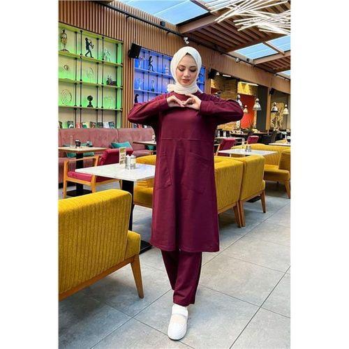 Önden İki Cepli Sade Basic Uzun Tunik Pantolon İkili Spor Takımı - 03067.009 - Bordo
