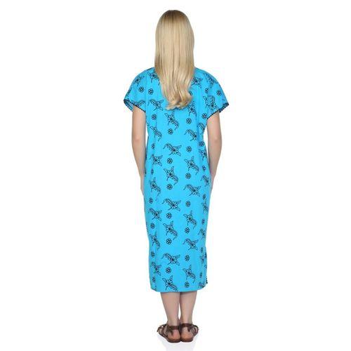 Kısa Kol Şile Bezi Baskılı Midi Boy Yazlık Elbise Serpme Desen Turkuaz Trkz