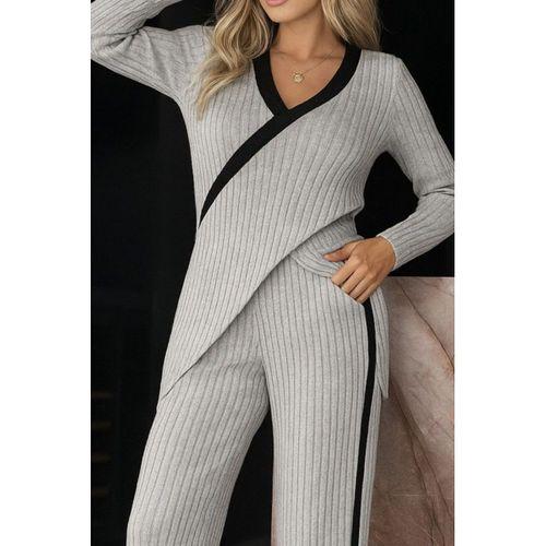 Kadın Uzun Kollu V Yakalı çapraz Detaylı şardonlu Kaşkorse Bluz Ve Pantolon Ikili Takım