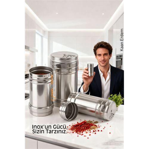 Inox 3’lü Baharatlık Seti - Ayarlanabilir Başlıklı Gurme Serisi 304 Paslanmaz Çelik