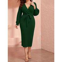 Pilelistore Kadın Uzun Kollu Kruvaze Yaka Belden Kuşaklı Midi Ithal Krep Elbise