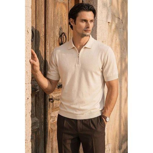 Linus Fermuarlı Polo Yaka Kısa Kollu İnce Triko Erkek T-Shirt - Bej