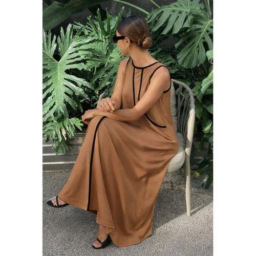 Kadın Omuzlardan Açık Yaka Ince şerit Detaylı Uzun Viskon Elbise