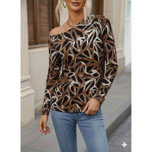 Kadın Uzun Kollu V Yaka Düşük Omuz Geometrik Desen şardonlu Dalgıç Bluz