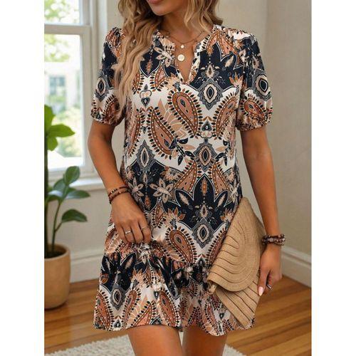 Kadın Kısa Kollu V Yakalı Desenli Kısa Süprem Elbise
