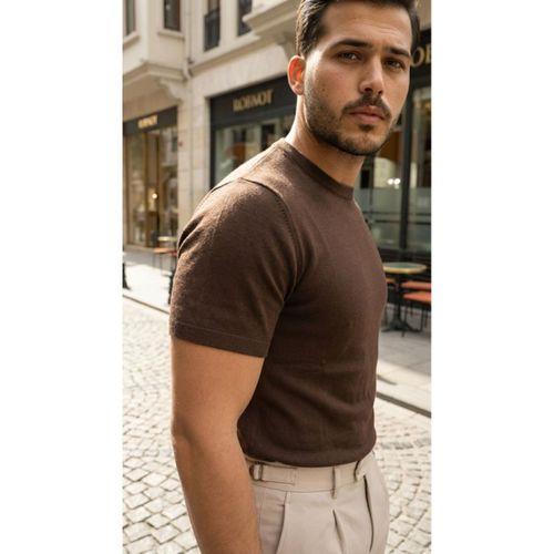 Erkek Basic Bisiklet Yaka Kısa Kollu Triko Tişört - %100 Pamuk Akrilik