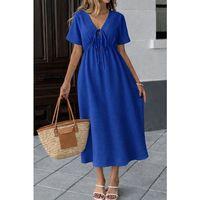 Kadın V Yaka Büzgülü Ip Detay Aerobin Kumaş Elbise