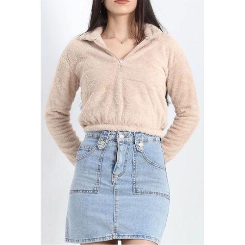 pilelistore Fermuarlı Crop Peluş Sweat Bej
