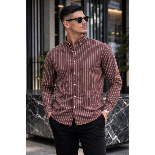 Chad Modal Kumaş Çizgili Yazlık Relaxed Fit Erkek Gömlek - Kahve