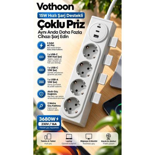 4’lü Akıllı Priz Tek Dokunuşla Fiş Çıkarma 2 Metre Kablo 2 Type-c + Usb 15w Hızlı Şarj 3680w Krem