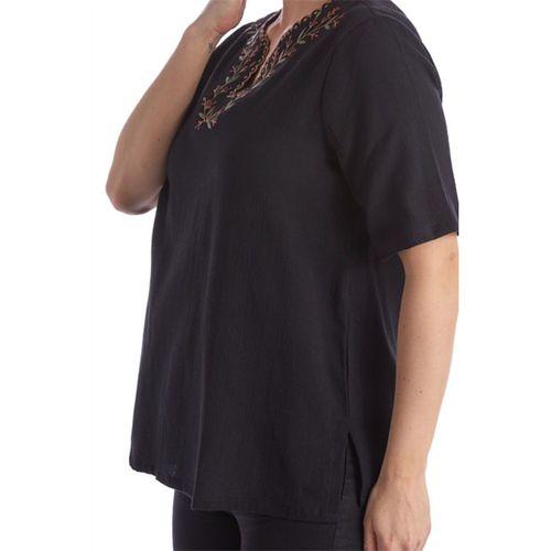 Şile Bezi Kısa Kol Siyah Nakışlı V Yaka Yazlık Otantik Bluz