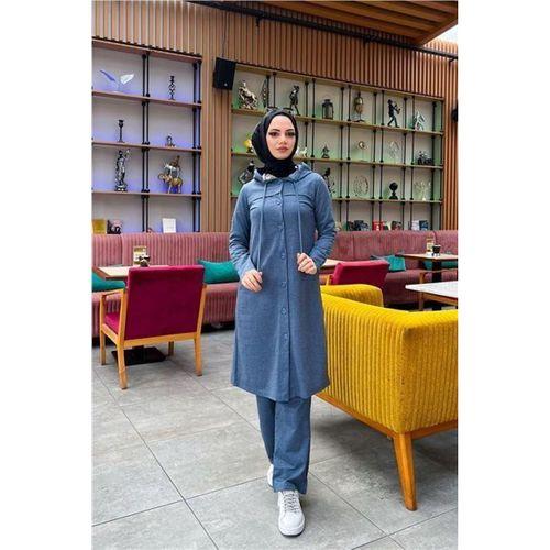 Kapşonlu Düğmeli Sade Basic Uzun Tunik ve Pantolon İkili Spor Takım - 03072.006 - İndigo