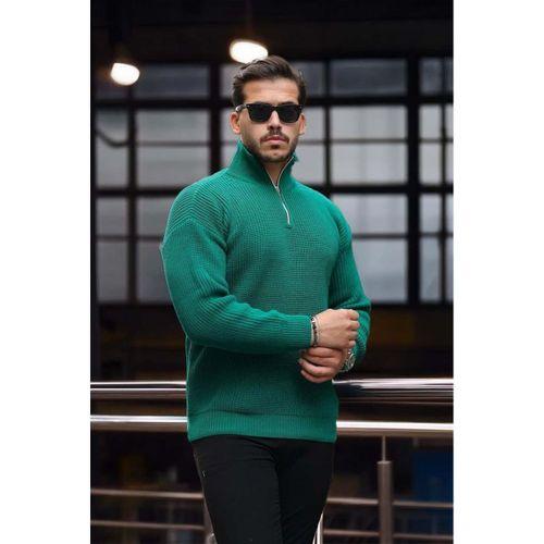 Oversize Selanik Örgü Yarım Fermuar Erkek Triko Kazak - Yeşil