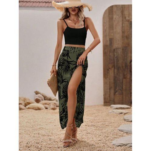 Kadın Ip Askılı Yuvarlak Yaka Kısa Viskon Bluz Ve Desenli Yırtmaçlı Süprem Etek Ikili Takım