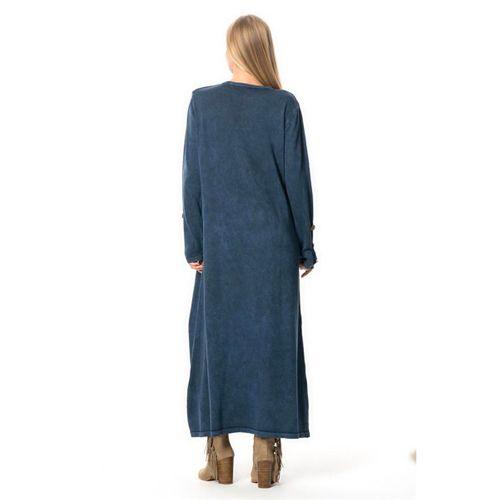 Uzun Kol Gözde Bisiklet Yaka Düğme Detaylı Sonbahar ve Kışlık Uzun Triko Elbise İndigo indg