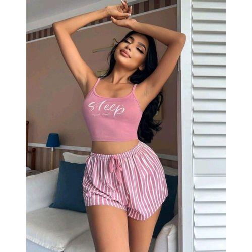 Kadın Pembe Çizgili Desen Askılı Şortlu Pijama Takım 9002