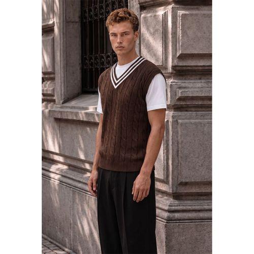 Oxford Relaxed Fit Şerit Yakalı Saç Örgülü V Yaka Erkek Triko Süveter - Kahve