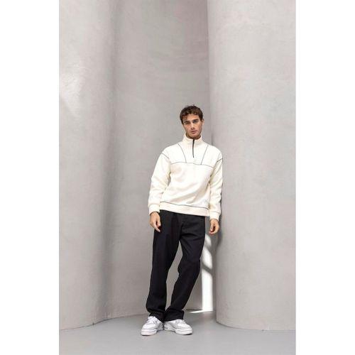 Crowe Çizgi Şeritli Oversize Yarım Fermuar Polar Erkek Sweatshirt - Ekru