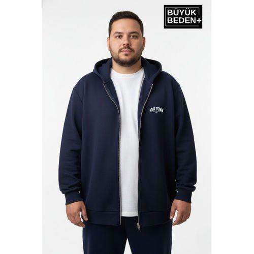Erkek Büyük Beden Fermuarlı Kapüşonlu New York Baskılı Sweatshirt Hırka SPR26BHR923