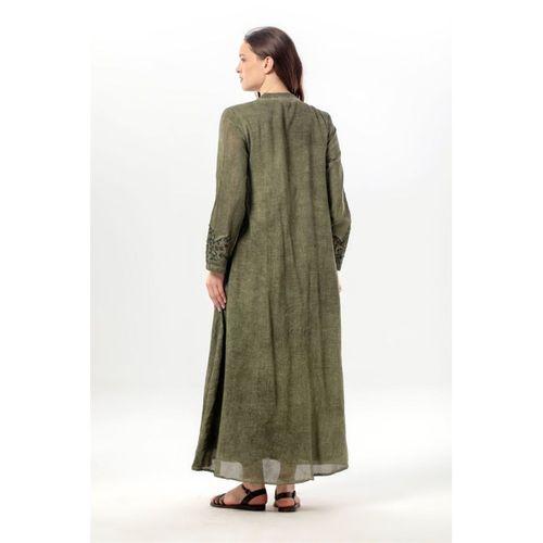 Uzun Kol Nuray Düğmeli Yuvarlak Yaka Çift Cepli Poplin Ferace Haki Hk