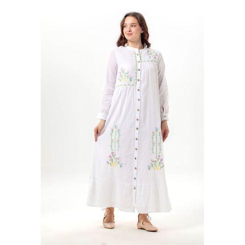 Uzun Kol Neşe Nakış Detaylı Boydan Düğmeli Yazlık Şile Bezi Uzun Elbise Beyaz Byz