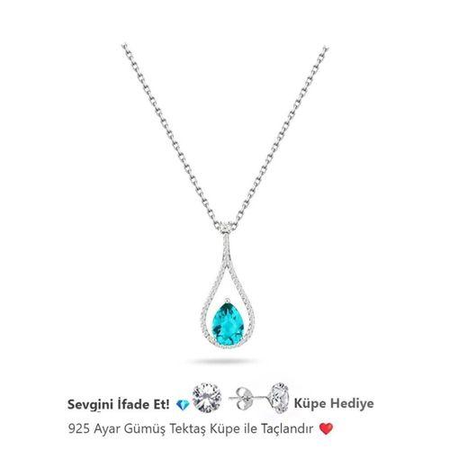 Pırlanta Model Aquamarin Taşlı Damla Kadın Gümüş Kolye
