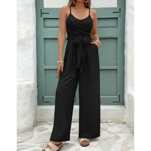 Kadın Ip Askılı V Yakalı Belden Kuşaklı Uzun Aerobin Tulum