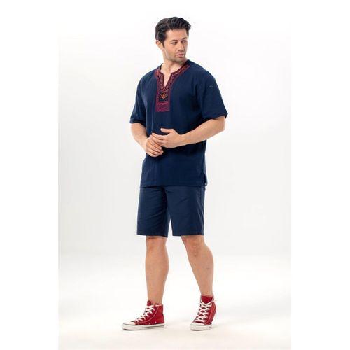 Kısa Kol Şile Bezi Bisiklet Yaka Etnik Erkek Yazlık T-shirt Lacivert Lcvt