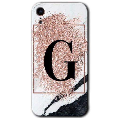 iPhone XR Kılıf Baskılı Kapak - Pembe Mermer Desenli G Harfi +Tam Ekran Koruyucu