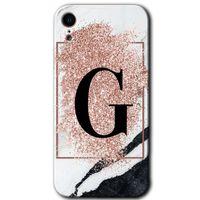 iPhone XR Kılıf Baskılı Kapak - Pembe Mermer Desenli G Harfi +Tam Ekran Koruyucu