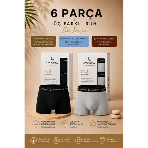Erkek Likralı Pamuklu Nefes Alan Penye 6 Adet Boxer - Siyah - Gri