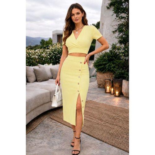Kadın Kısa Kollu Kruvaze Yakalı Kısa Krop Ottoman Bluz Ve Midi Etek Ikili Takım