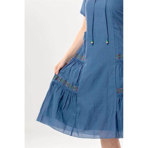 Kısa Kol Aynur Bisiklet Yaka Cepli Yazlık Vual Kısa Elbise İndigo indg