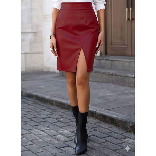 Kadın Yüksek Bel Yırtmaçlı Mini Deri Etek