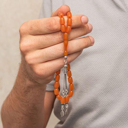 Gümüş Püsküllü Turuncu Kapsül Kesim Sıkma Kehribar Tesbih