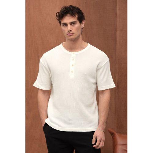 Roth Relaxed Fit Günlük Henley Yaka Waffle Kumaş Yazlık Kısa Kollu T-Shirt - Ekru