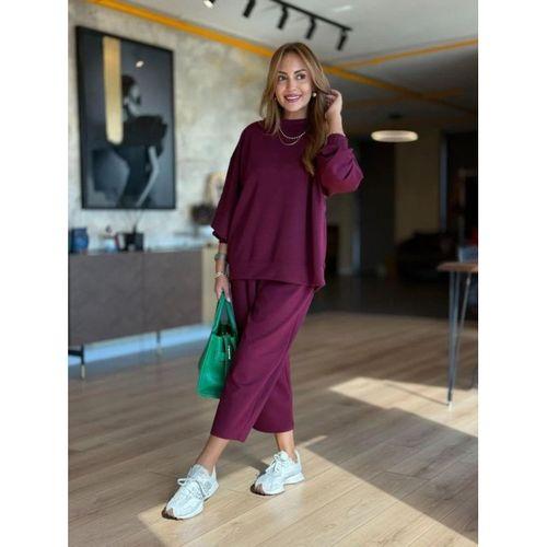 Kadın Uzun Kollu Bisiklet Yaka Viskon Iki Iplik Mor Bluz Ve Pantolon Ikili Takım