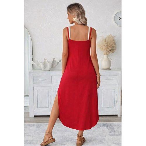 Kadın Ip Askılı Yuvarlak Yakalı Cepli Uzun Viskon Elbise