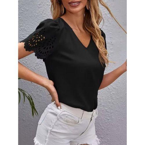 Kadın Kısa Kollu V Yakalı Kolu Dantelli Dubai Bluz